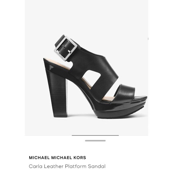 New MICHAEL KORS Carla Platform Sandal Heel Size 5.5 Black Leather Buckle NO Box - Picture 3 of 12